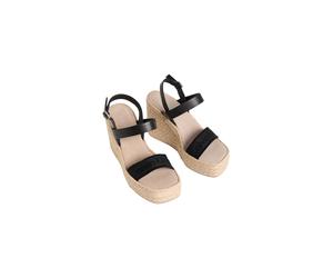 Keilsandalette CALVIN KLEIN "WEDGE ESPAD 70 WEBBING LTH", Damen, Gr. 41, schwarz, Nappaleder, Textil, Flechtoptik, unifarben, festlich, Schuhe, Sommerschuh, Plateausandale, Keilabsatz, mit Bastbesatz