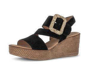 Keilsandalette GABOR, Damen, Gr. 37, schwarz, Veloursleder, unifarben, Schuhe, Sommerschuh, Riemchensandale mit auffälliger Zierschnalle (41143941-37) schwarz