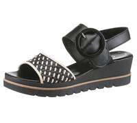 Keilsandalette GABOR, Damen, Gr. 38, schwarz-weiß (schwarz, creme), Nappaleder, Flechtoptik, Schuhe Riemchensandale, Sommerschuh, Riemchensandale mit Klett unter der Zierschließe (90673924-38) schwarz
