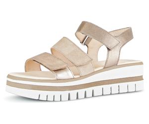 Keilsandalette GABOR, Damen, Gr. 42, beige (beige kombiniert), Leder, Ziegenveloursleder, metallic, Schuhe, Sommerschuh, Sandale, Keilabsatz, mit drei Klettverschlüssen (68184112-42) beige kombiniert