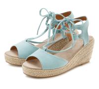 Keilsandalette LASCANA Gr. 40, blau (eisblau) Damen Schuhe Schnürsandalen mit Keilabsatz in Bast-Optik und raffinierter Schnürung VEGAN (55522127-40)