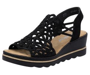 Keilsandalette RIEKER, Damen, Gr. 37, schwarz, Textil, Veloursleder, unifarben, Schuhe, Sommerschuh, Plateausandale, Schlupfschuh mit Schmucksteinchen, Topseller (92595055-37) schwarz