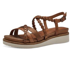 Keilsandalette TAMARIS, Damen, Gr. 39, braun (cognac), Leder, Lederimitat, Schuhe Keilsandalette, Riemchensandale, Sommerschuh mit verstellbarer Schnalle (26851330-39)