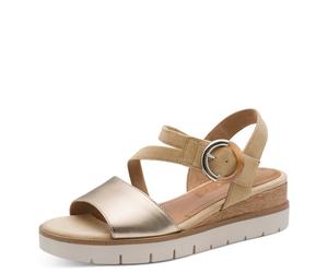 Keilsandalette TAMARIS, Damen, Gr. 40, beige (beige, goldfarben), Leder, Nubukleder, glänzend, Schuhe, Plateau, Riemchensandale, Sommerschuh mit verstellbarer Schnalle (77666924-40) beige, goldfarben