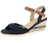 Keilsandalette TOM TAILOR "Isabel", Damen, Gr. 41, navy, braun, Baumwolle, Lederimitat, Schuhe, Riemchensandale, Sommerschuh mit Logoschriftzug im Absatz (43097922-41) navy, braun