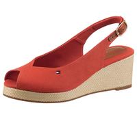 Keilsandalette TOMMY HILFIGER "FLAG MID WEDGE ESPAD SLINGBACK", Damen, Gr. 36, rot (coralle), Leder, Textil, Schuhe Keilsandalette, Plateau, Sommerschuh, Riemchensandale mit verstellbarer Schnalle (35