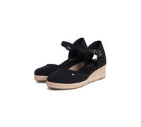 Keilsandalette TOMMY HILFIGER "MID WEDGE ESPAD CLOSED TOE", Damen, Gr. 35, schwarz, Leder, Textil, Schuhe, Plateau, Sommerschuh mit verstellbarer Schnalle, schmale Form (51292756-35) schwarz