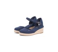 Keilsandalette TOMMY HILFIGER "MID WEDGE ESPAD CLOSED TOE", Damen, Gr. 39, blau (dunkelblau), Leder, Textil, Schuhe, Plateau, Sommerschuh mit verstellbarer Schnalle, schmale Form (92758403-39) dunkelb