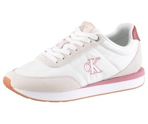 Keilsneaker CALVIN KLEIN "RETRO RUNNER ESS MIX MAT", Damen, Gr. 39, weiß, rose, Textil, Veloursleder, kontrastfarbene Details, Basic, Schuhe, Schnürschuh, Halbschuh, Freizeitschuh mit leichter Laufsoh