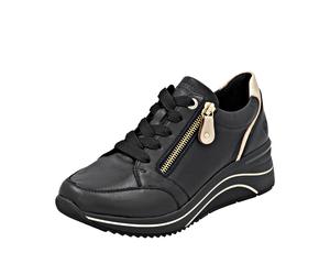 Keilsneaker REMONTE, Damen, Gr. 40, gold (schwarz, goldfarben), Leder, Lederimitat, unifarben mit Farbeinsatz, Schuhe, Freizeitschuh, Halbschuh, Schnürschuh mit Rieker TEX-Membran (86312409-40) schwar