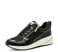 Keilsneaker TAMARIS, Damen, Gr. 36, schwarz (schwarz, gold), Lederimitat, Textil, glänzend, kontrastfarbene Details, unifarben mit Farbeinsatz, Schuhe, Halbschuh, Freizeitschuh mit Außenreißverschluss