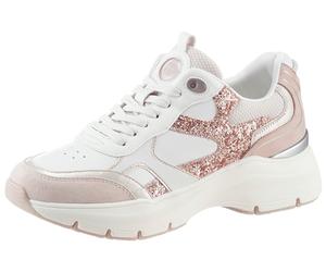 Keilsneaker TAMARIS, Damen, Gr. 37, weiß kombi, rose glitzer, Lederimitat, Textil, Ziegenveloursleder, kontrastfarbene Details, Schuhe, Plateau, Freizeitschuh, Schnürschuh mit kontrastfarbenen Details
