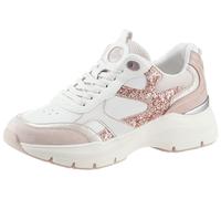 Keilsneaker TAMARIS, Damen, Gr. 39, weiß (weiß kombi, rose glitzer), Lederimitat, Textil, Ziegenveloursleder, kontrastfarbene Details, Schuhe, Plateau, Freizeitschuh, Schnürschuh mit kontrastfarbenen