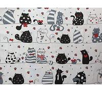Keine Meterware, Stoffe zum Nähen, Stoff für Kinder, 100% Baumwolle, fest: 1,5m fester Baumwollstoff mit Tiere - Mädchen Kinderstoff mit Katzen Mäuse - schwarz weiß rot