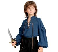 keland Mittelalter Hemd Kinder Renaissance Hemd Jungen Mittelalterhemd Schottischen Jacobiner Oberteil (Blau, 10-12 Jahre)