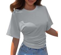 Kelandoom Damen T-Shirt mit Rundhalsausschnitt Kurzärmelig Koreanisches Design Einfarbig Lockeres Oberteil Schulterfreie Bluse Tshirt Damen Oberteile Kurzarm Shirts Sommer Elegant Locker Basic Top