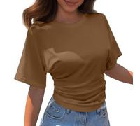 Kelandoom Damen T-Shirt mit Rundhalsausschnitt Kurzärmelig Koreanisches Design Einfarbig Lockeres Oberteil Schulterfreie Bluse Tshirt Damen Oberteile Kurzarm Shirts Sommer Elegant Locker Basic Top