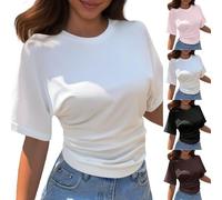 Kelandoom Damen T-Shirt mit Rundhalsausschnitt Kurzärmelig Koreanisches Design Einfarbig Lockeres Oberteil Schulterfreie Bluse Tshirt Damen Oberteile Kurzarm Shirts Sommer Elegant Locker Basic Top