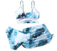 Kelandoom Sport Badeanzug Mädchen 3 Stück Bikini Set Bustier Bikinislip Badeanzug Schwimmen Badeset Für Kinder Mädchen Bikini Sets Tropic Print Wrap Top + Bikinislip Mit Rock Sling Tankini