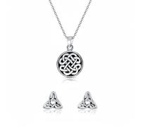 Keltischer Knoten Irische Freundschaft Runder Kreis Medaillon Anhänger Halskette & Unendlichkeit Dreifaltigkeit Symbol Ohrstecker Schmuckset Für Frauen Männer Oxidiertes .925 Sterlingsilber