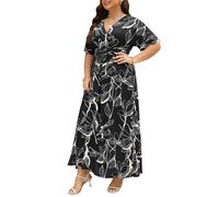 Keluummi Maxikleid in Übergröße für Hochzeiten, für kurvige Frauen, formelles, blumiges Partykleid mit V-Ausschnitt und 3/4-Ärmeln für den Sommer, langes A-Linien-Kleid, 56 Mehr
