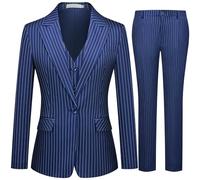 Kelyaa Damen 3-teiliger gestreifter Anzug mit einem Knopf Slim Fit Business Arbeit Professionelle Blazer Jacke Weste Hosen Set, Marineblau, Mittel