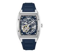 Kenneth Cole New York Herren-Automatikuhr - Skelett-Zifferblatt, gebogenes Gehäuse, zeitgenössischer Stil, Silber - blaues Silikonarmband, Modern