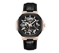 Kenneth Cole New York Luxuriöse Armbanduhr für Herren, automatisches Uhrwerk, wasserabweisend, anspruchsvolles und schlankes Design, Schwarzes und rotgoldenes Gehäuse, schwarzes Leder, Rustikal