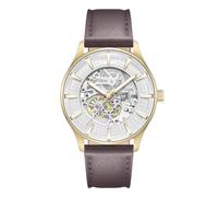 Kenneth Cole New York Luxuriöse Armbanduhr für Herren, automatisches Uhrwerk, wasserabweisend, anspruchsvolles und schlankes Design, Goldfarben - dunkelbraunes Lederband
