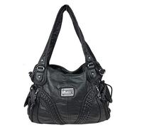 kennydoo Große Damen-Handtasche im Hobo-stil, geräumig, mehrere Fächer, gewaschenes Kunst-Leder, Schultertasche, modern & sportlich, Tote-bag, Umhängetasche für Damen (schwarz 1555-3)
