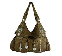 kennydoo Große Damen-Handtasche im Hobo-stil, geräumig, mehrere Fächer, gewaschenes Leder-PU, Schultertasche, modern & sportlich, Tote-bag, Umhängetasche für Damen (braun 13216)