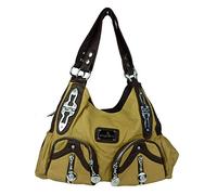 kennydoo Große Damen-Handtasche im Hobo-stil, geräumig, mehrere Fächer, gewaschenes Leder-PU, Schultertasche, modern & sportlich, Tote-bag, Umhängetasche für Damen (beige 13216)