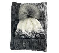 kennydoo Mütze & Schal Set achti I 2 teilig I Damen Kombi - Beanie mit großem Bommel und Loop I kuschelig gestrickt (anthrazit/weiß)