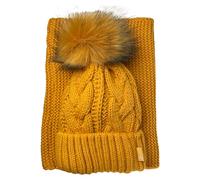 kennydoo Mütze & Schal Set achti I 2 teilig I Damen Kombi - Beanie mit großem Bommel und Loop I kuschelig gestrickt (senfgelb uni)