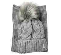 kennydoo Mütze & Schal Set achti I 2 teilig I Damen Kombi - Beanie mit großem Bommel und Loop I kuschelig gestrickt (grau uni)