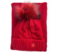 kennydoo Mütze & Schal Set achti I 2 teilig I Damen Kombi - Beanie mit großem Bommel und Loop I kuschelig gestrickt (rot uni)