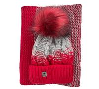 kennydoo Mütze & Schal Set achti I 2 teilig I Damen Kombi - Beanie mit großem Bommel und Loop I kuschelig gestrickt (rot/grau)