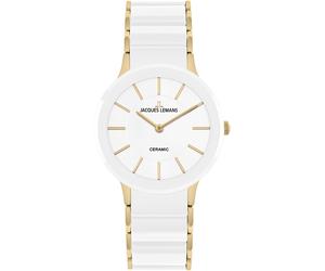 Keramikuhr JACQUES LEMANS "Dublin", weiß (weiß, goldfarben), Armbanduhren, Damen, Armbanduhr, Damenuhr, Keramik, Mineralglas mit Saphirbeschichtung (27911168-0) weiß, goldfarben