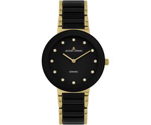 Keramikuhr JACQUES LEMANS "Monaco", gold (schwarz, goldfarben), Armbanduhren, Damen, Quarzuhr, Armbanduhr, Damenuhr, bis 10 bar wasserdicht, Glaskristalle (62342128-0) schwarz, goldfarben
