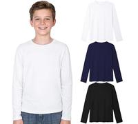 KEREDA 3er-Pack Unterhemd Jungen Langarmshirt Kinder Longsleeve Unisex Langarm T-Shirt Baumwolle Top Shirt für Teenager Mädchen 5-14 Jahre Schwarz/Marineblau/Weiß146-152