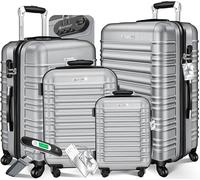 KESSER® 4-TLG. Kofferset Hartschalenkoffer, Reisekoffer 4er-Set S-M-L-XL, Trolley Koffer mit 4 Rollen, ABS Hartschale, Teleskopgriff + Kofferwaage & Gepäckanhänger, Rollkoffer mit Schloss, Silber
