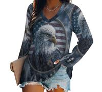 KETAFOUND Damen Langarm Top Tee Sexy Adlermuster V-Ausschnitt Basic Lockere Passform Bluse Tops Druck Der Amerikanischen Flagge Streewear