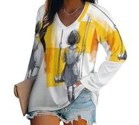KETAFOUND Damen Langarm Top Tee Sexy Mädchen Auf Der Schaukel V-Ausschnitt Basic Lockere Passform Bluse Tops Abstrakte Graffiti-Kunst In Farbblöcken Streewear