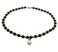 Kette Collier Onyx-Steine schwarz Süßwasser-Perle weiß Perlen-Kette Silber vergoldet Handarbeit Unikat Italien Antik-Look Vintage Retro Geschenk hochwertig