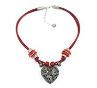 Kette Landhaus Kunststoff Blumenherz altsilberfarben Kordel rot 42cm