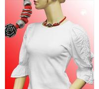 Kette Landhaus-Stil Kunststoffperle Rosenperle altsilber Kordel rot 42cm