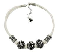 Kette Landhaus-Stil Kunststoffperle Rosenwalze altsilber Kordel natur 40cm