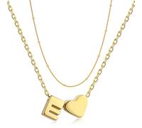 Kette Layered Damen Kette mit Buchstaben, Personalisierte Kette Gold, Damen Herzkette Initialen Buchstaben Ketten mit Anhänger, 18K Vergoldete Edelstahl Halskette, Modeschmuck für Frauen (E)