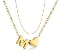 Kette Layered Damen Kette mit Buchstaben, Personalisierte Kette Gold, Damen Herzkette Initialen Buchstaben Ketten mit Anhänger, 18K Vergoldete Edelstahl Halskette, Modeschmuck für Frauen (M)