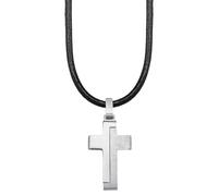 Kette mit Anhänger S.OLIVER JUNIOR "Halskette Kreuz", schwarz (edelstahlfarben, schwarz), Halsketten, Jungen, Edelstahl Leder, L: 43, Edelstahl, Leder (82853505-0) edelstahlfarben, schwarz